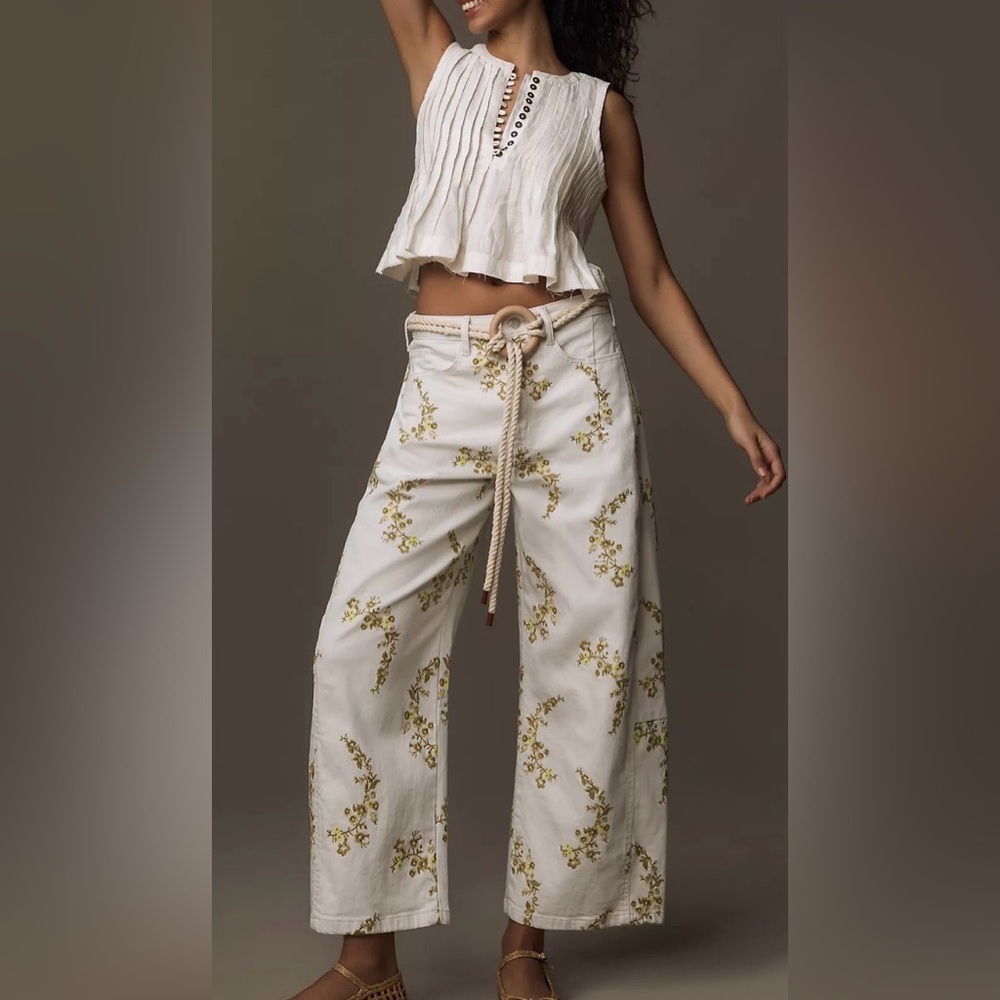 Pilcro Heritage Curve Mid-Rise Tapered Barrel Jeans, White Embroidered, 25 - Picture 2 of 15